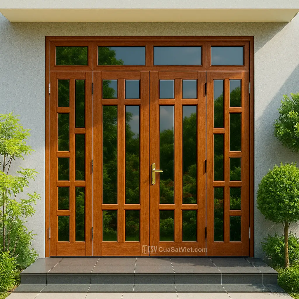 Cửa sắt 4 cánh giả gỗ cao cấp được hoàn thiện tinh xảo, thẩm mỹ vượt trội