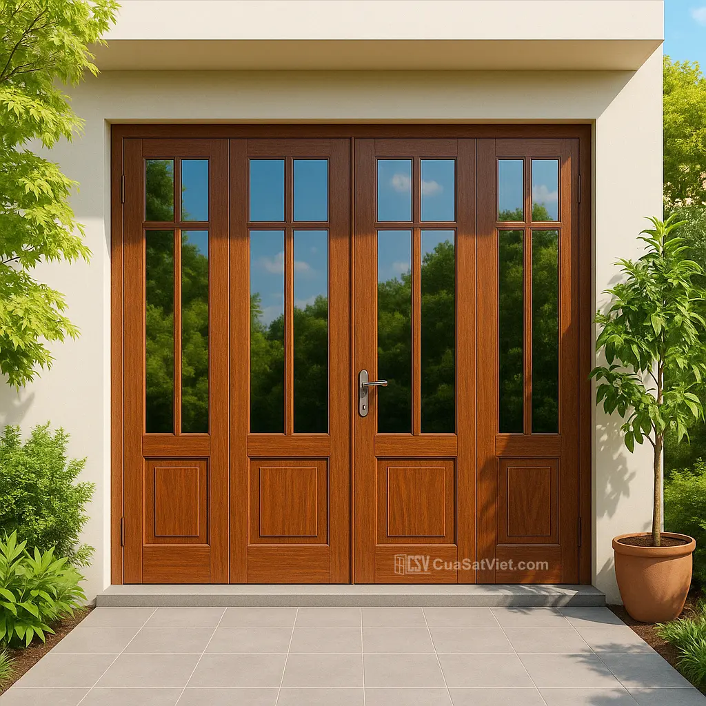 Vẻ đẹp thân thiện từ cửa sắt 4 cánh giả gỗ màu vàng gỗ tạo sự gần gũi
