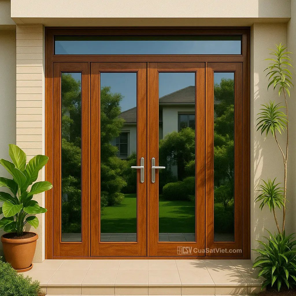 Tông màu nâu đỏ của cửa sắt 4 cánh giả gỗ giúp làm ấm không gian sống