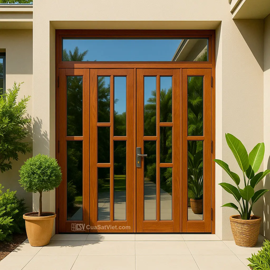 Cửa sắt 4 cánh giả gỗ màu cánh gián nổi bật và bền màu theo thời gian