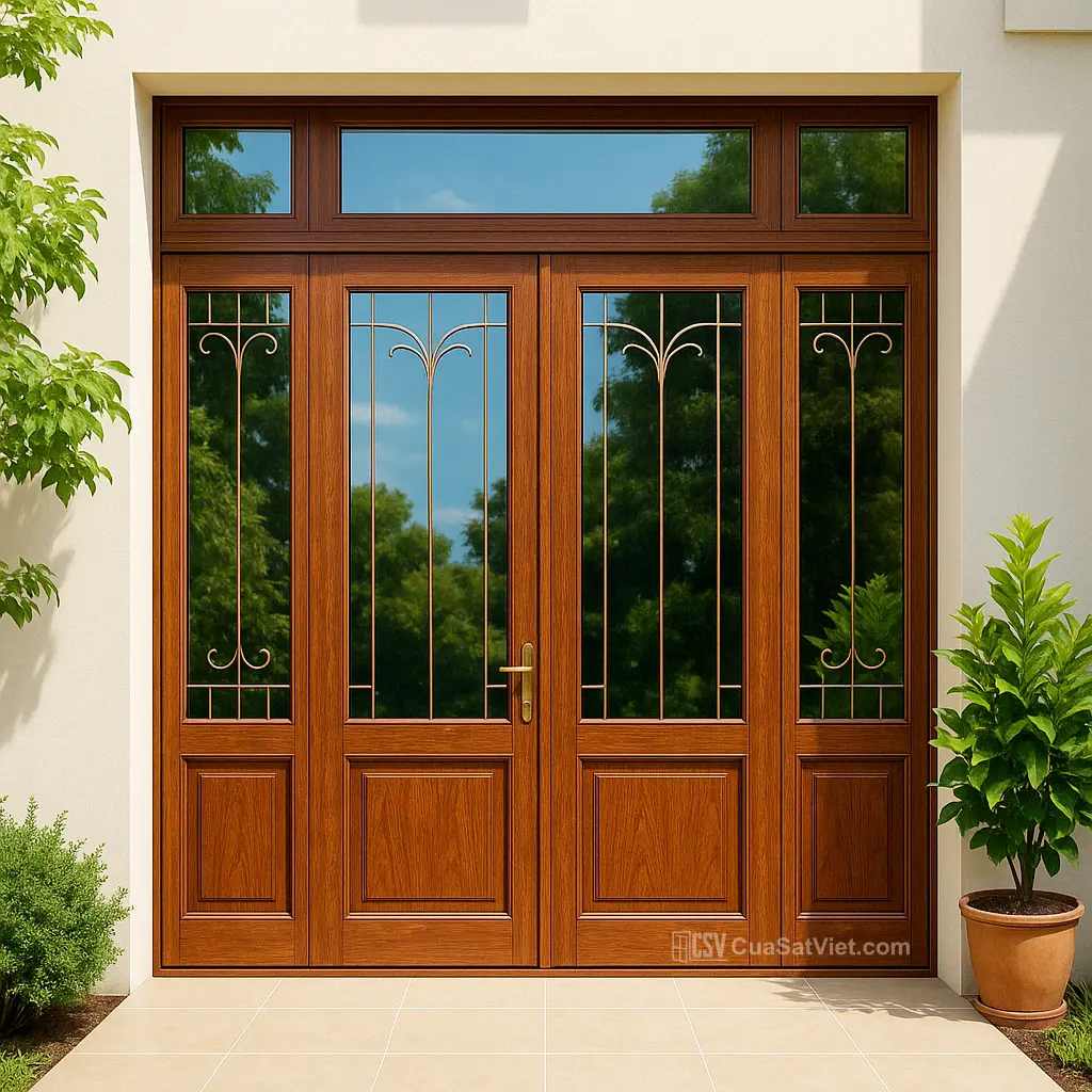 Thiết kế cửa sắt 4 cánh giả gỗ cổ điển phù hợp với nhà phong cách truyền thống