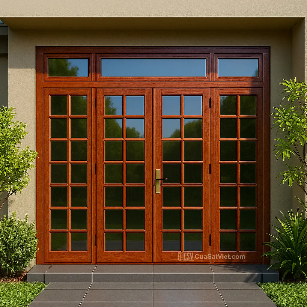 Cửa sắt 4 cánh giả gỗ hiện đại mang lại cảm giác sang trọng và tinh tế