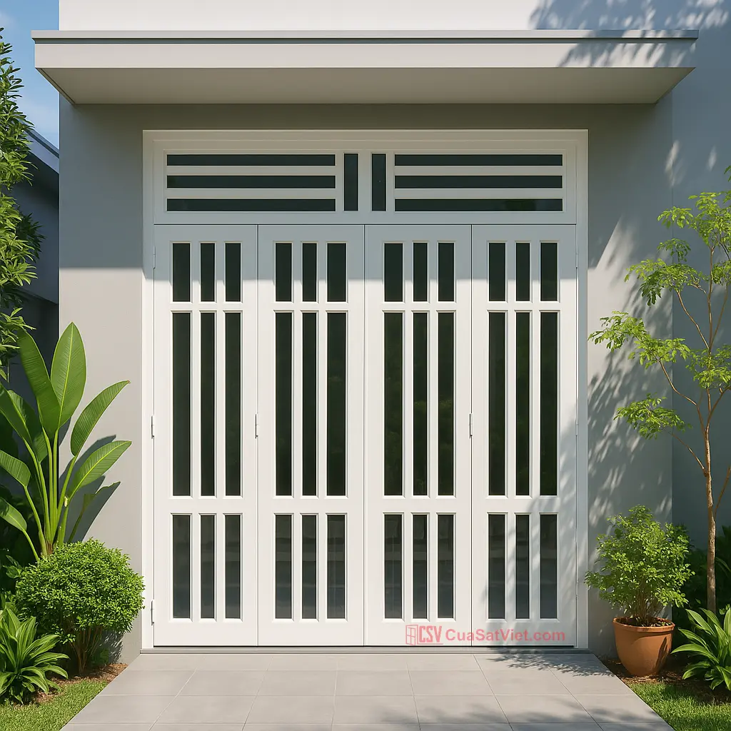 Mẫu cửa sắt 4 cánh đẹp hoa văn nghệ thuật sử dụng công nghệ sơn hiện đại chống bong tróc