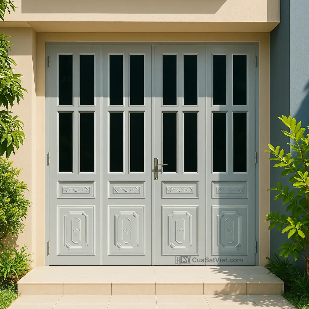Kiểu dáng cửa sắt 4 cánh đẹp tích hợp cảm biến được ưa chuộng trong các công trình dân dụng hiện đại