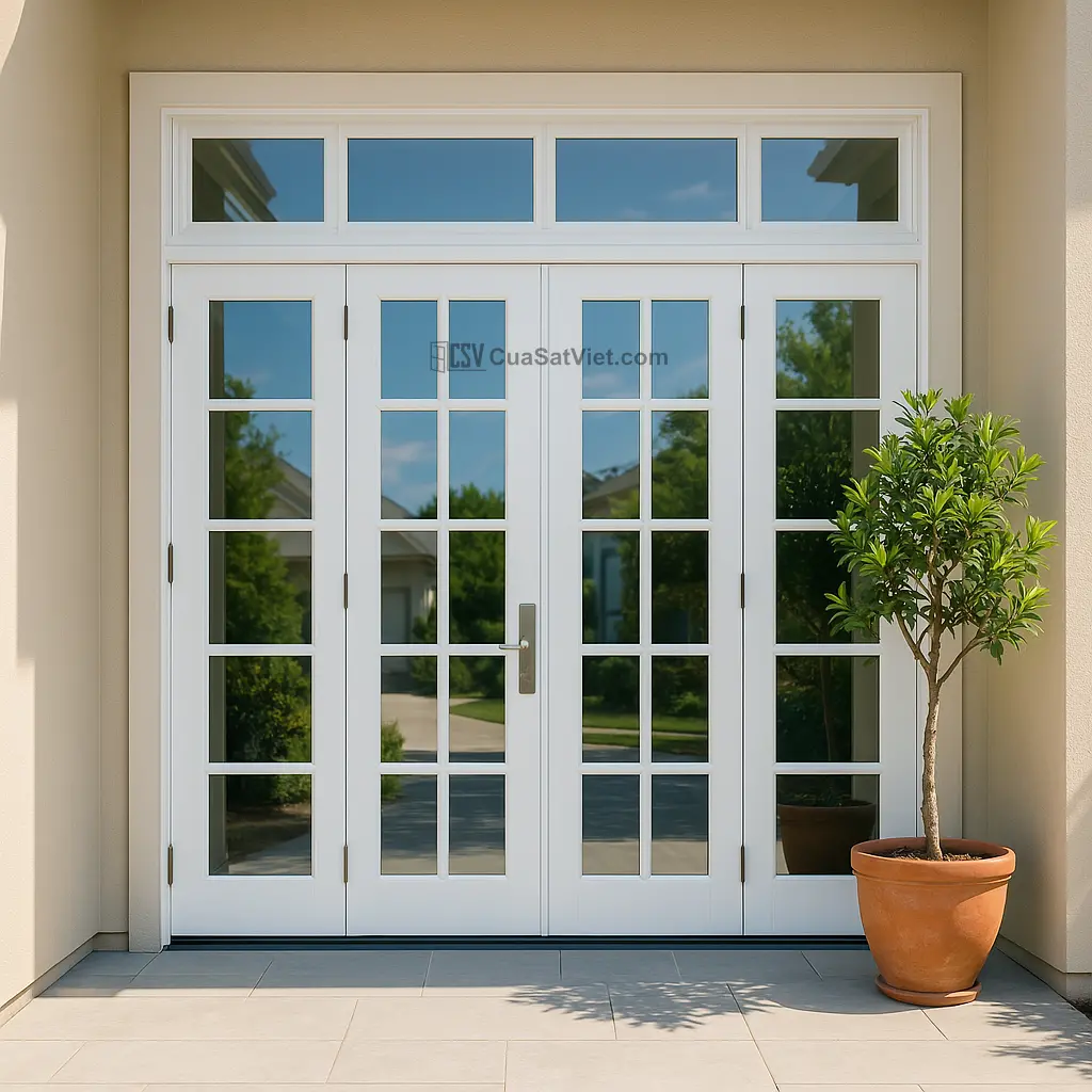 Thiết kế cửa sắt 4 cánh đẹp kèm kính mờ sử dụng công nghệ sơn hiện đại chống bong tróc
