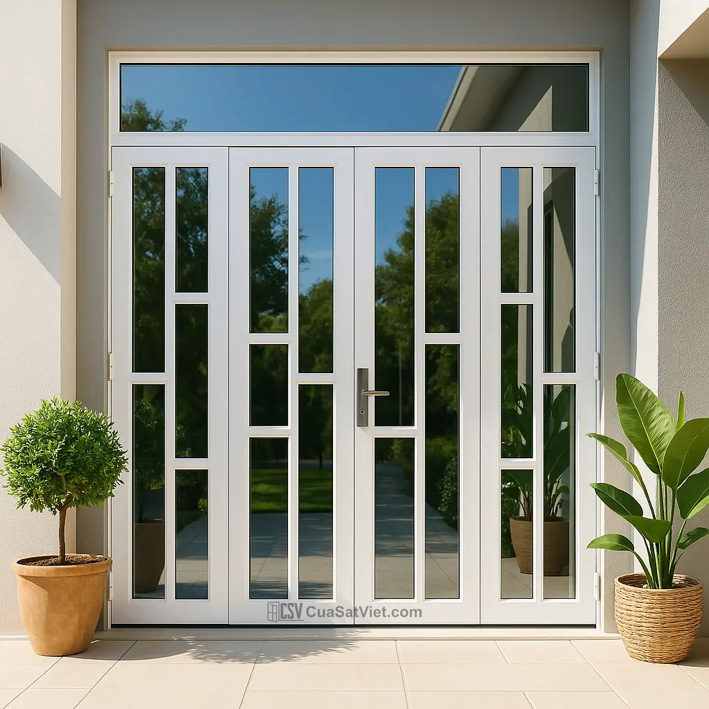 Cửa cổng cửa sắt 4 cánh đẹp kết hợp kính sử dụng công nghệ sơn hiện đại chống bong tróc