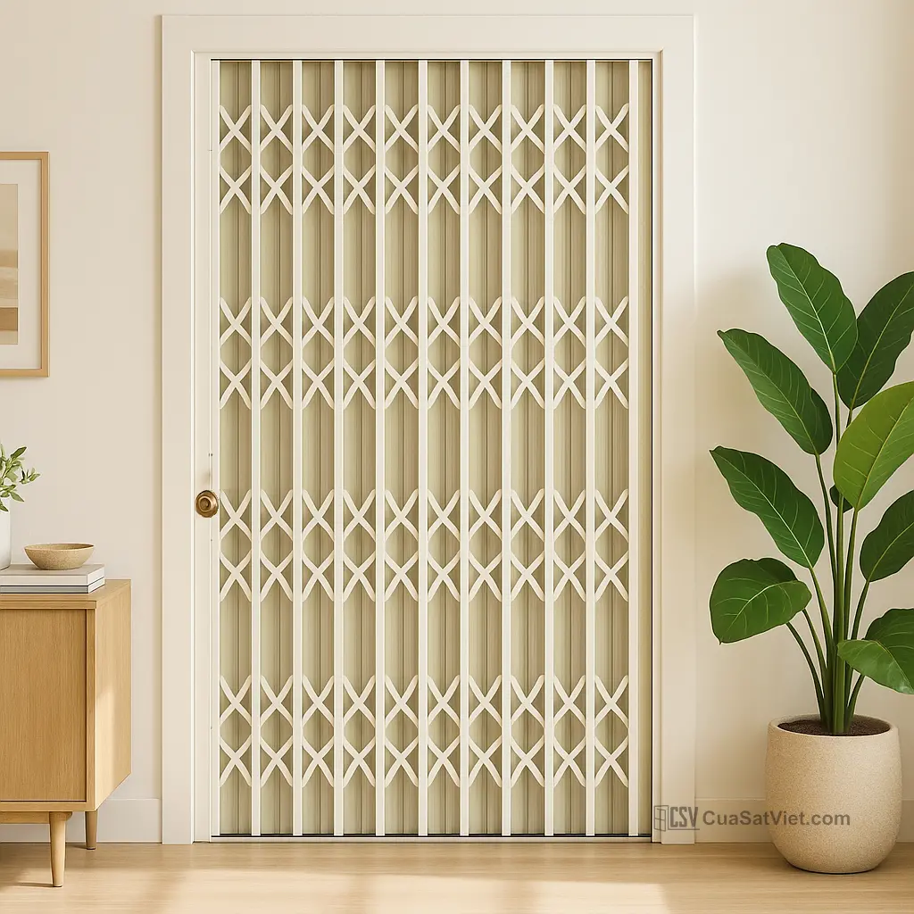Mẫu cửa sắt kéo 1 cánh màu trắng giúp mở rộng không gian sống