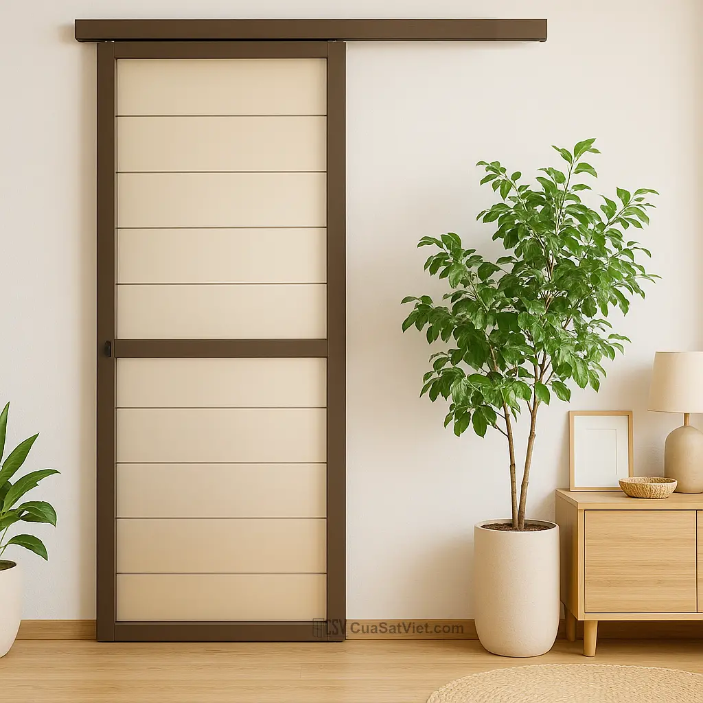 Cấu trúc chắc chắn và vân giả gỗ đẹp mắt từ mẫu cửa sắt ray trượt ban công