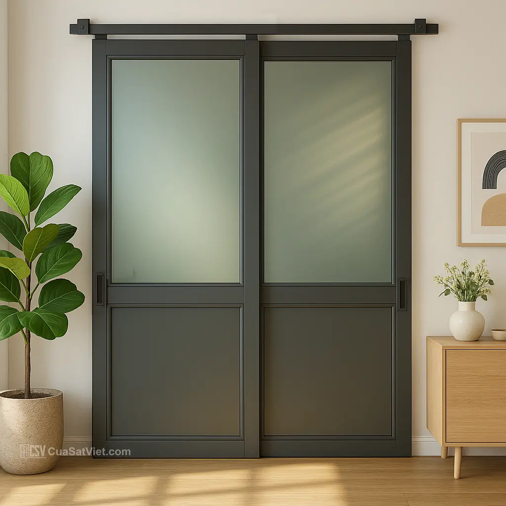 Thiết kế mẫu cửa sắt 2 cánh kéo tiết kiệm diện tích phù hợp cho các căn hộ hiện đại và nhỏ gọn.