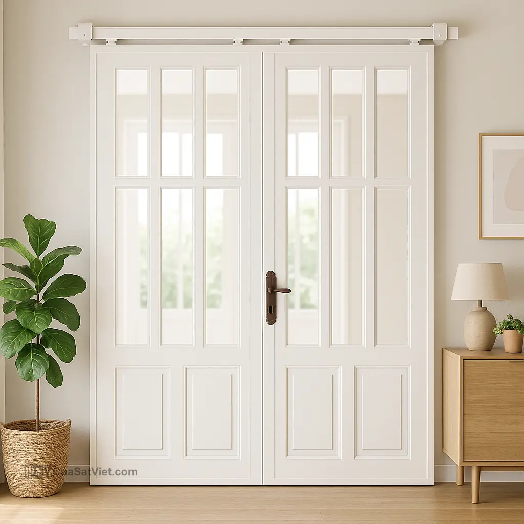 Mẫu cửa sắt 2 cánh lùa kính mờ góp phần tạo nên phong cách kiến trúc tinh tế, hài hòa.