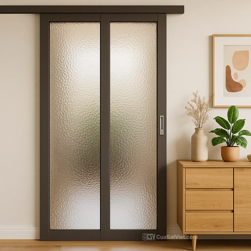 Mẫu cửa sắt ray trượt phòng khách có thiết kế đơn giản, dễ phối cùng các kiểu nội thất