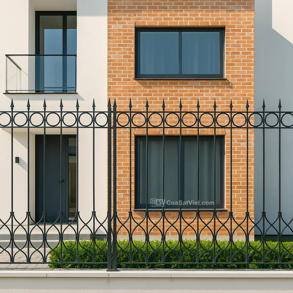 Thiết kế hàng rào sắt đẹp tạo điểm nhấn cho lối vào sân vườn.