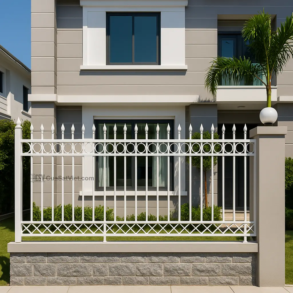 Hàng rào sắt chắn lối đi tạo ranh giới rõ ràng, hướng dẫn di chuyển trong vườn