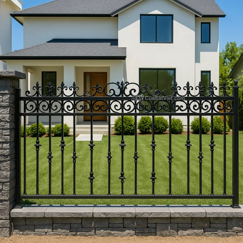 Hàng rào sắt hoa văn tròn mềm mại, giúp ngoại thất thêm phần uyển chuyển