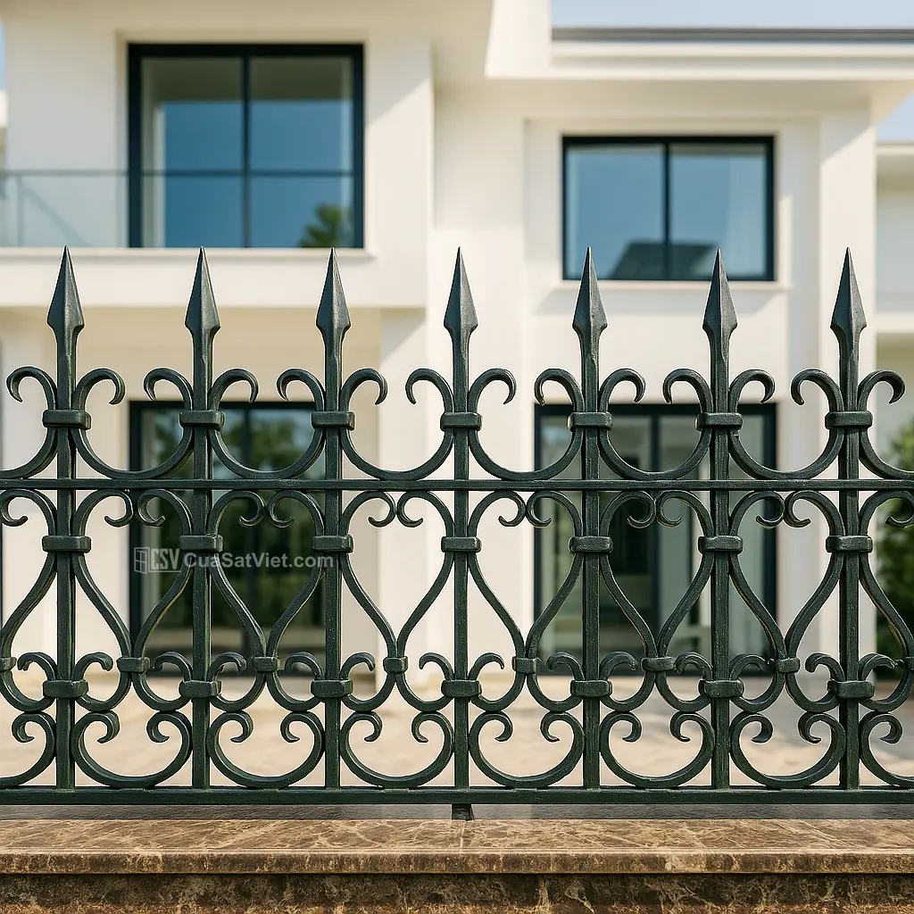 Hàng rào sắt phối đá tự nhiên chắc chắn, tạo nét gần gũi cho sân vườn