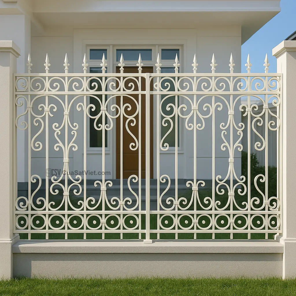 Hàng rào sắt hoa văn đối xứng tăng sự cân đối cho tổng thể ngoại thất