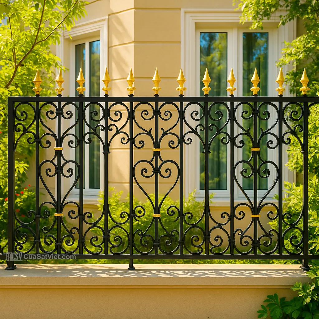 Sự kết hợp vật liệu sáng tạo từ hàng rào sắt đẹp kết hợp gỗ tự nhiên.