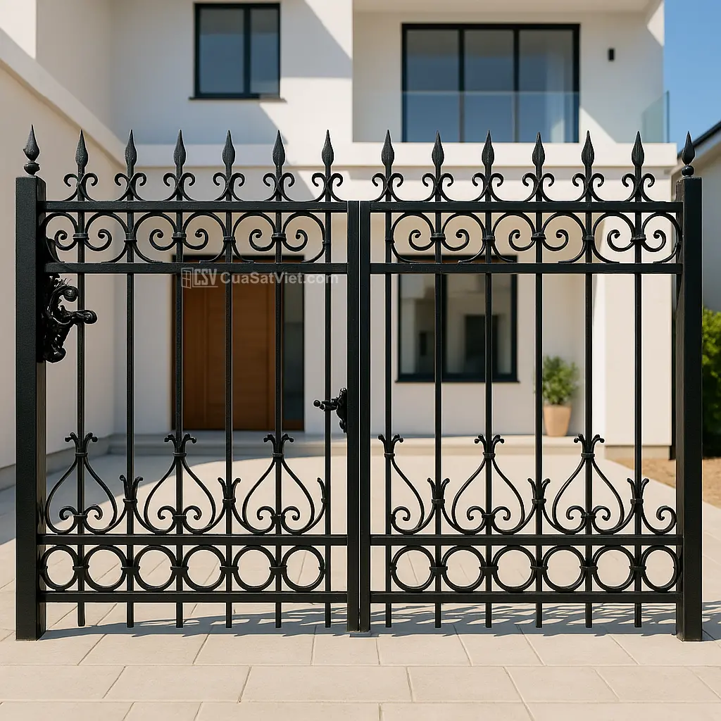 Mẫu hàng rào sắt đẹp sơn giả gỗ mang lại cảm giác thân thiện, tự nhiên.