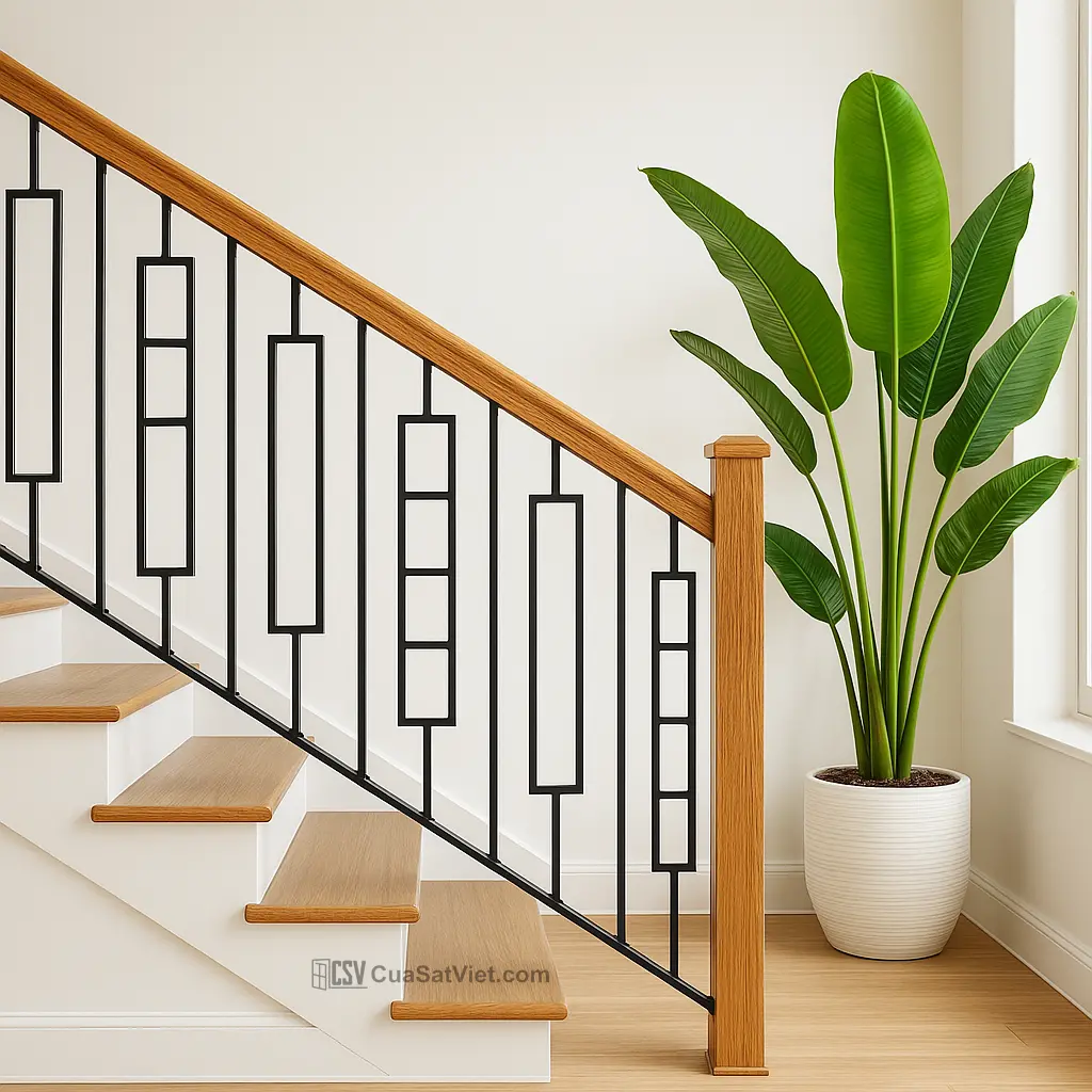 Tay vịn cầu thang sắt màu ghi nhẹ nhàng, dễ phối với các tông màu tường