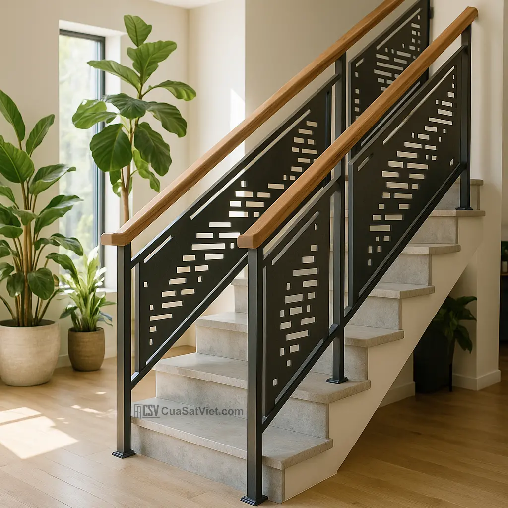 Tay vịn cầu thang sắt phối vật liệu nhôm sơn tĩnh điện chắc chắn, không bong tróc