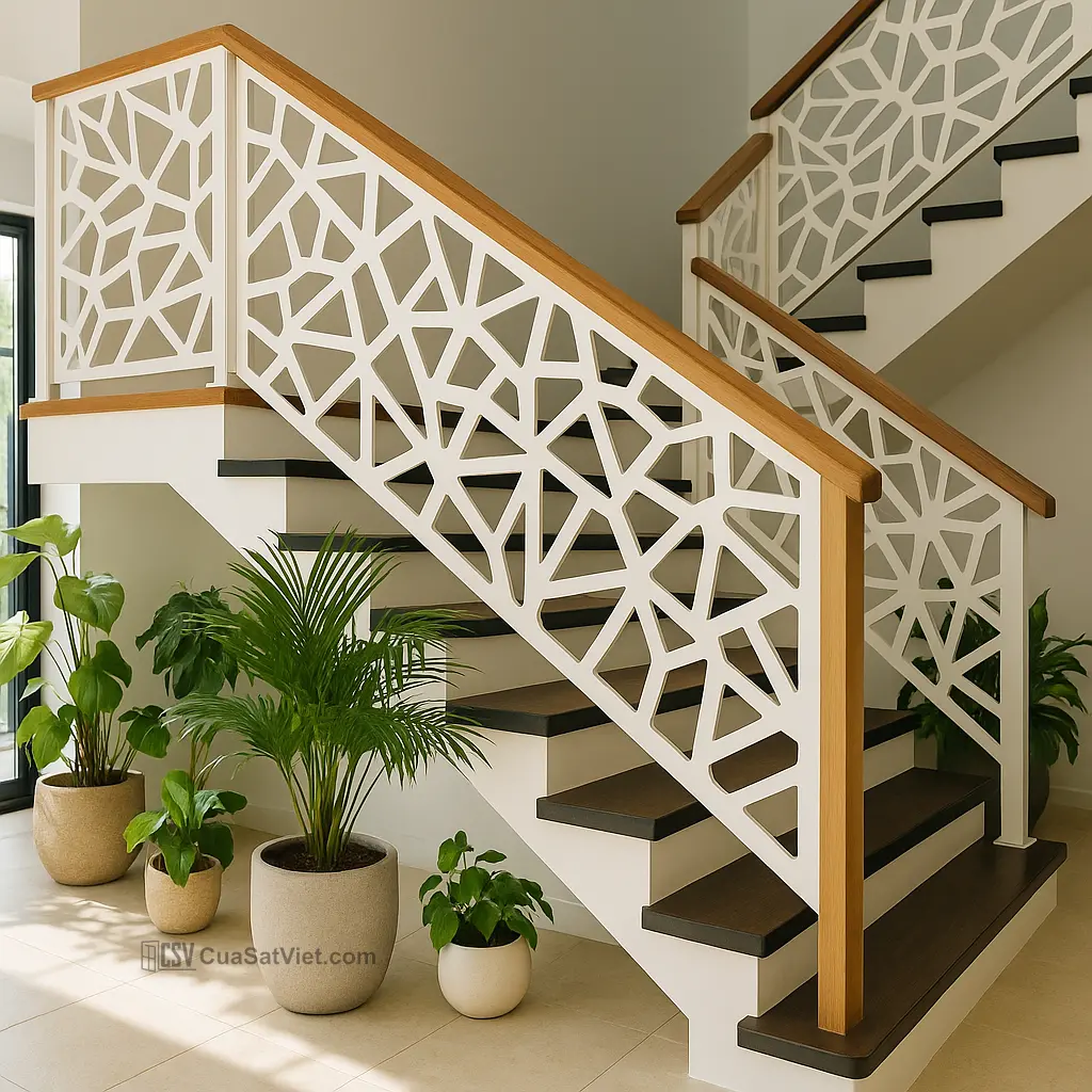 Tay vịn cầu thang sắt phối đá hoa cương ngoài trời tăng sự chắc chắn, chống trơn trượt