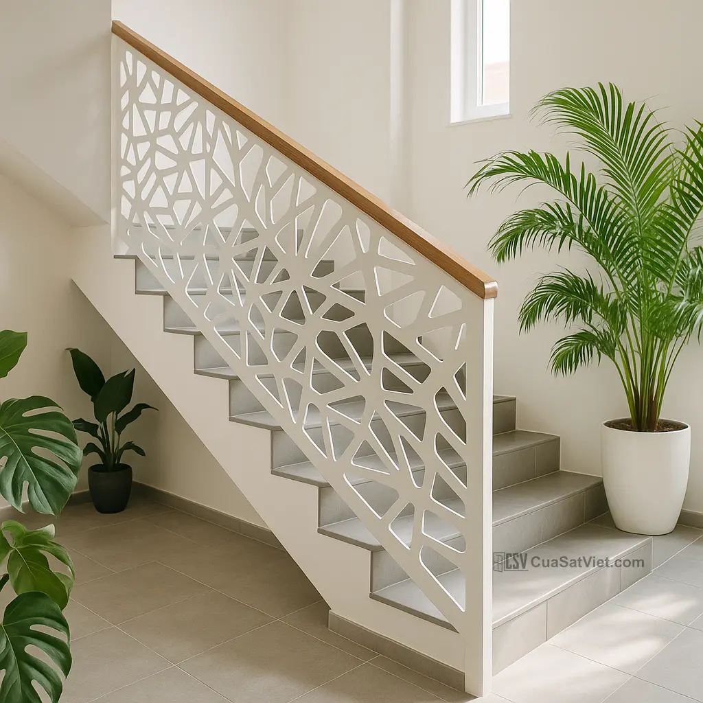 Tay vịn cầu thang sắt phối nhôm kính nghệ thuật nổi bật, tăng tính sáng tạo