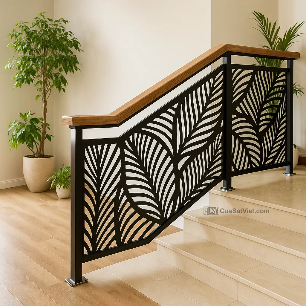 Tay vịn cầu thang sắt phối đá marble phòng khách tạo không gian sang trọng