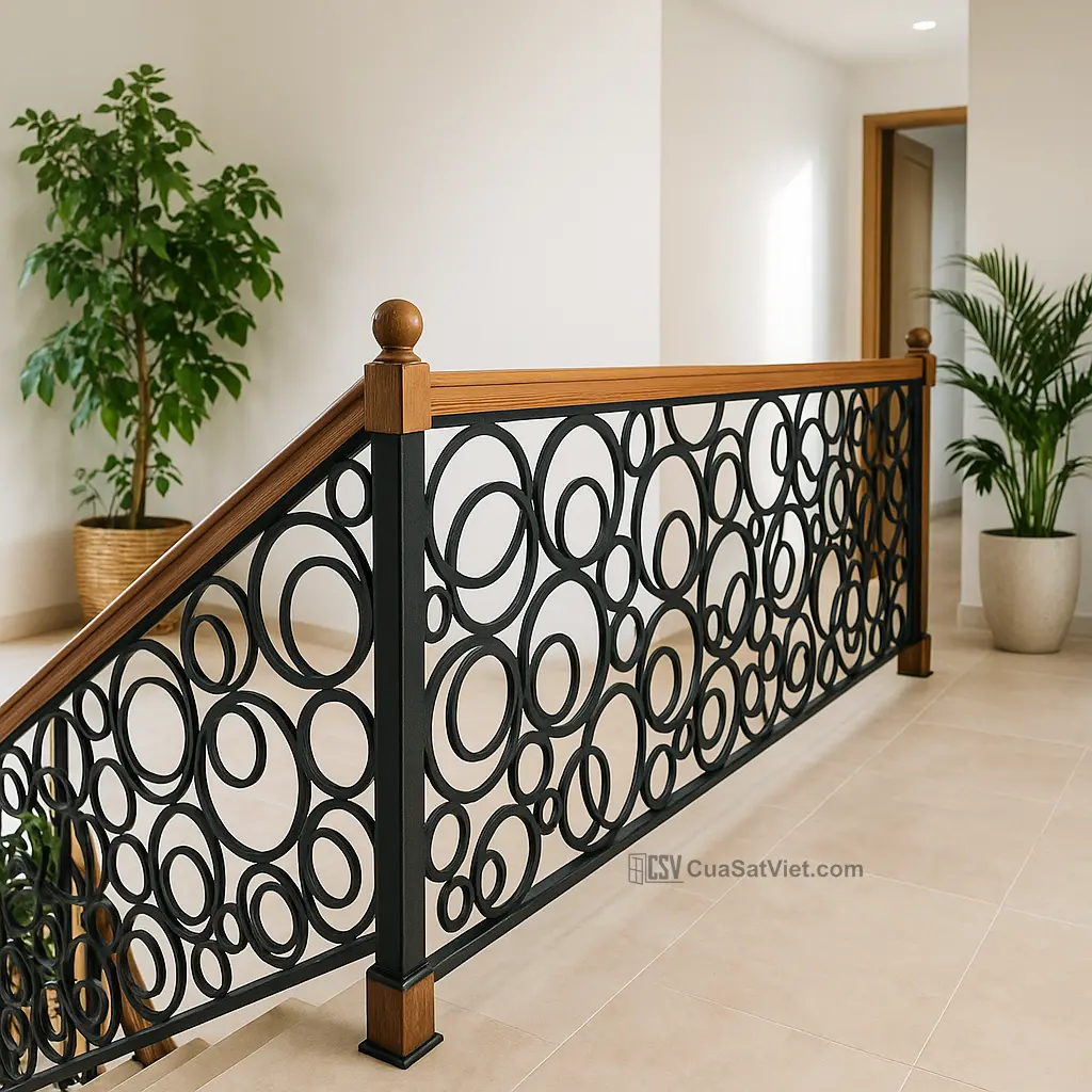 Tay vịn cầu thang sắt phối hợp kính nghệ thuật màu cam sinh động, mới lạ