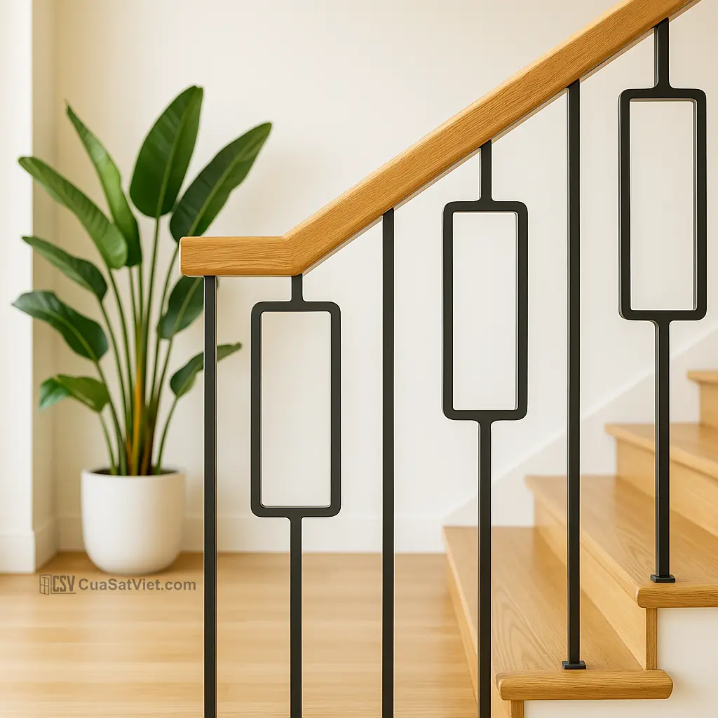 Tay vịn cầu thang sắt phối kính nghệ thuật tạo điểm nhấn độc đáo