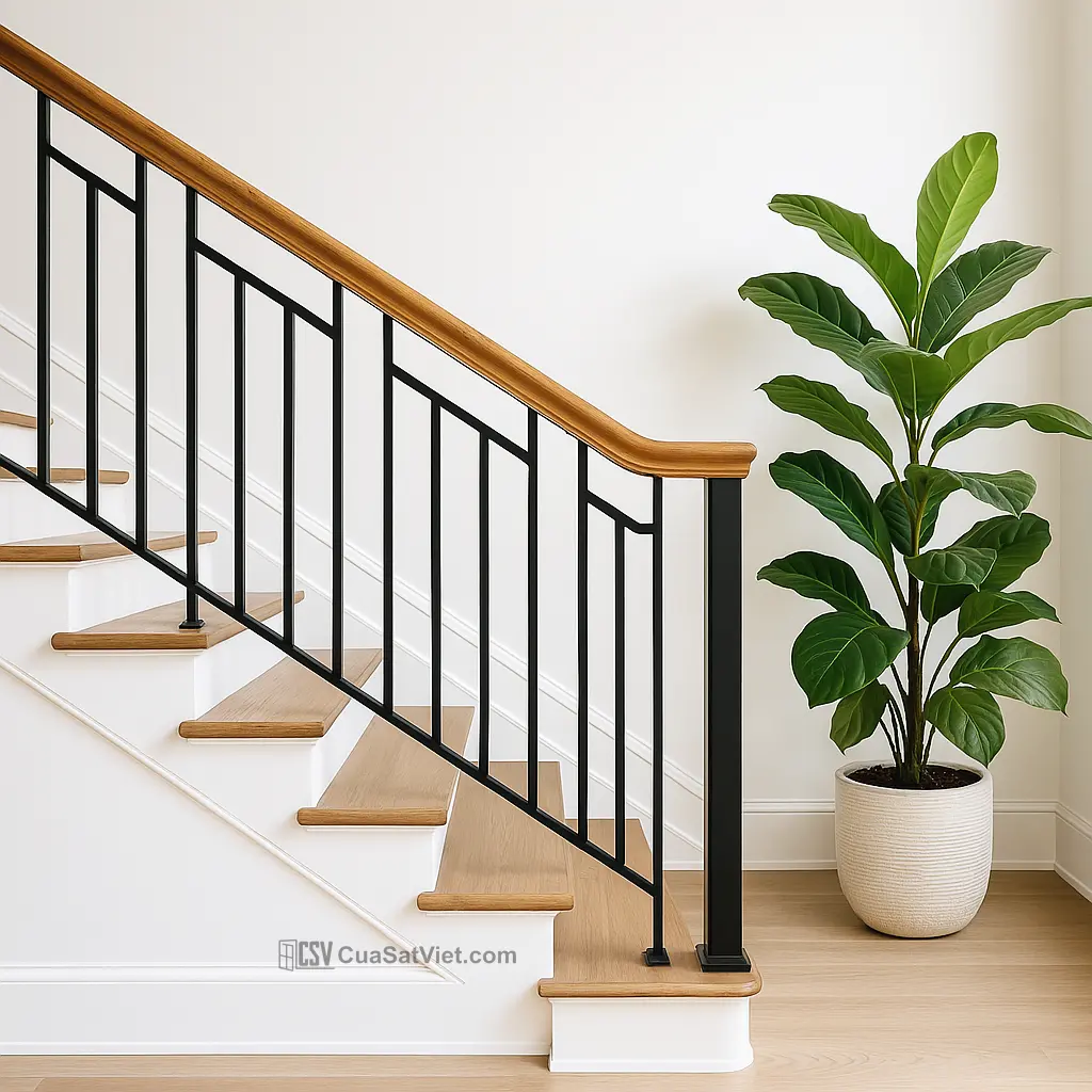 Tay vịn cầu thang sắt biệt thự hiện đại phối màu tối giản, đẳng cấp