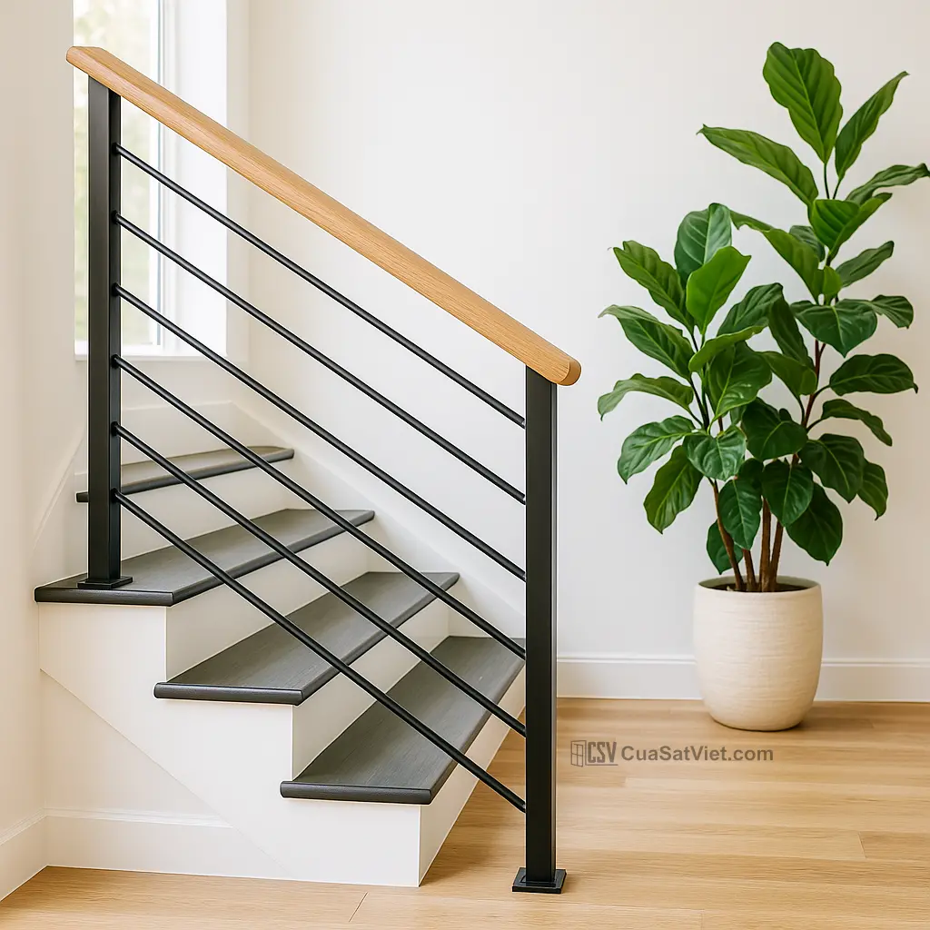 Tay vịn cầu thang sắt phối nhựa giả gỗ nhẹ, bền, chống mối mọt