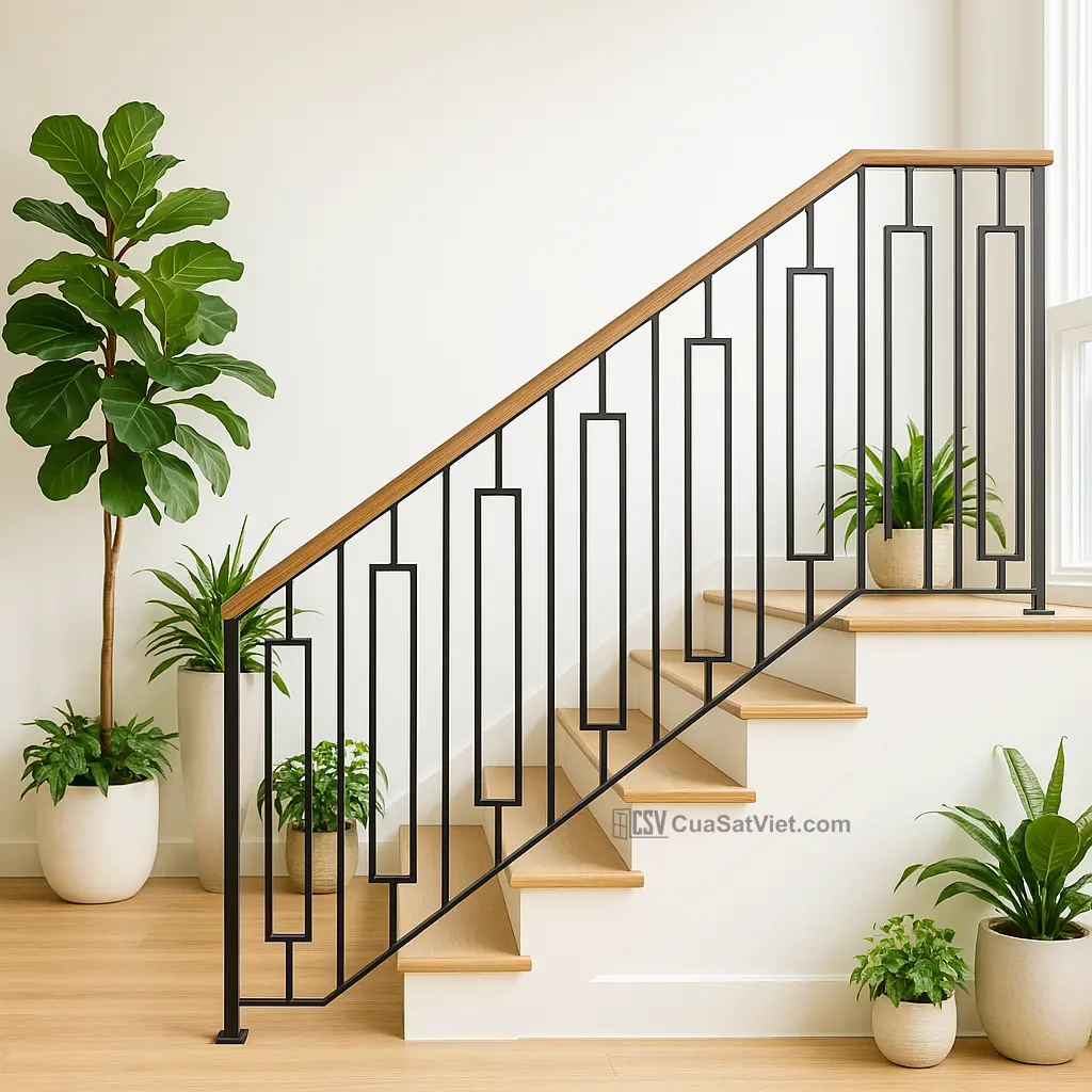 Lan can sắt cầu thang thiết kế chắc chắn và thẩm mỹ cao.