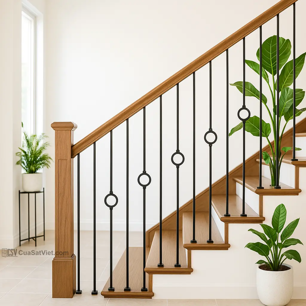 Tay vịn cầu thang sắt mặt tiền nhà ống phù hợp không gian hẹp, đẹp tinh tế