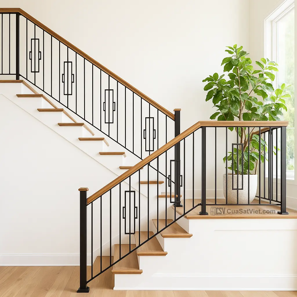 Tay vịn cầu thang sắt phối vật liệu mới tăng độ bền, đa dạng phong cách