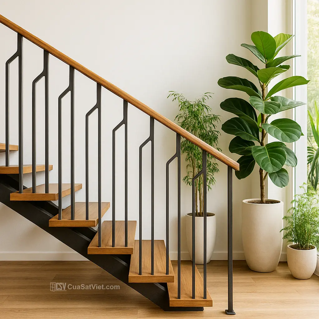 Tay vịn cầu thang sắt nhà phố nhỏ tối ưu không gian, dễ lau chùi