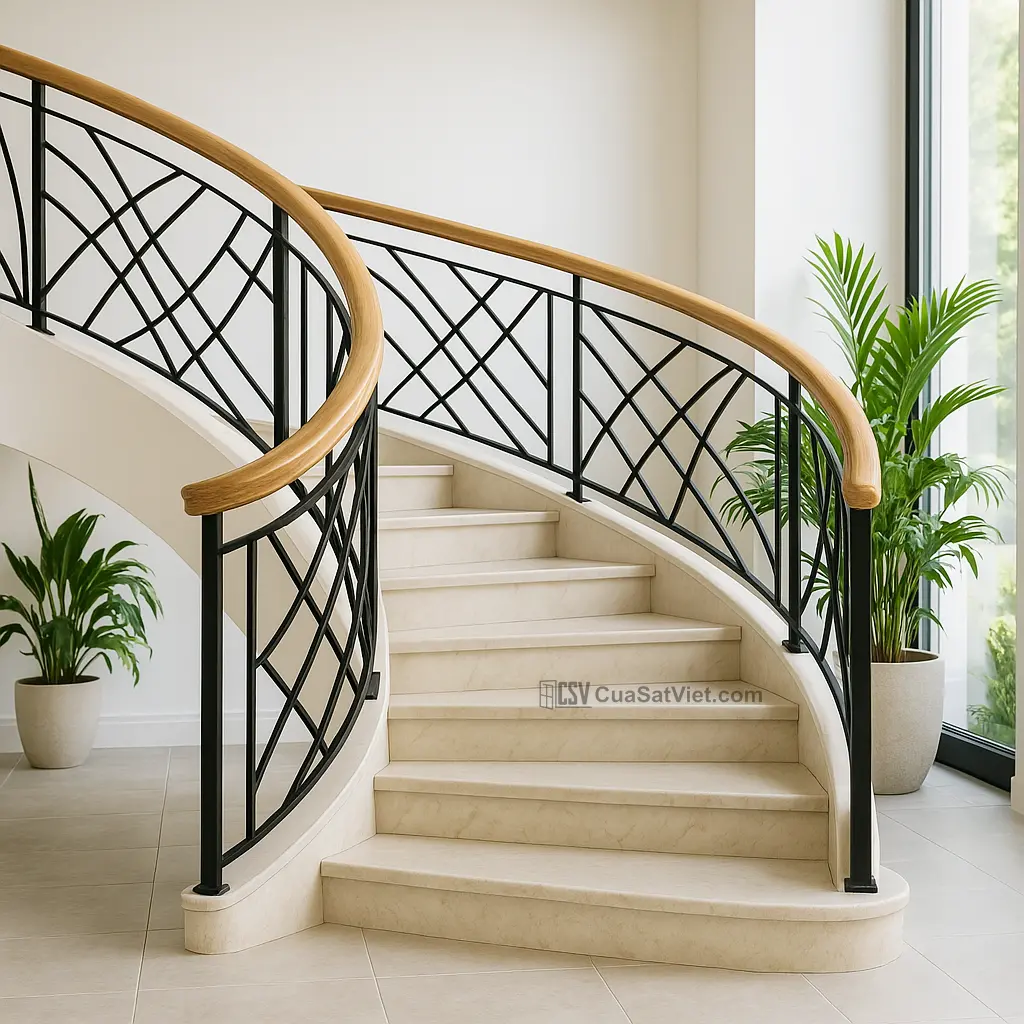 Tay vịn cầu thang sắt ngoài trời kiểu gấp khúc tăng sự khác biệt cho nhà