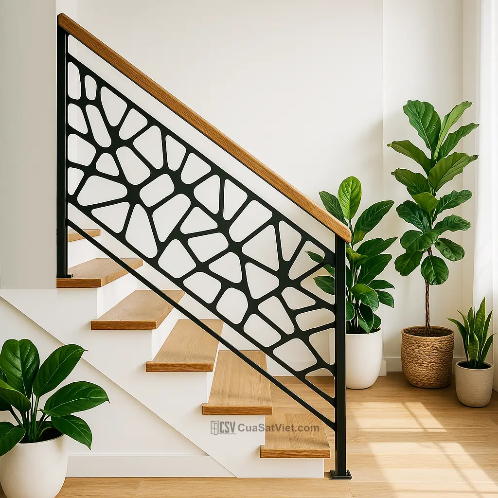 Tay vịn cầu thang sắt phối nhôm kính màu tạo hiệu ứng ánh sáng, hiện đại