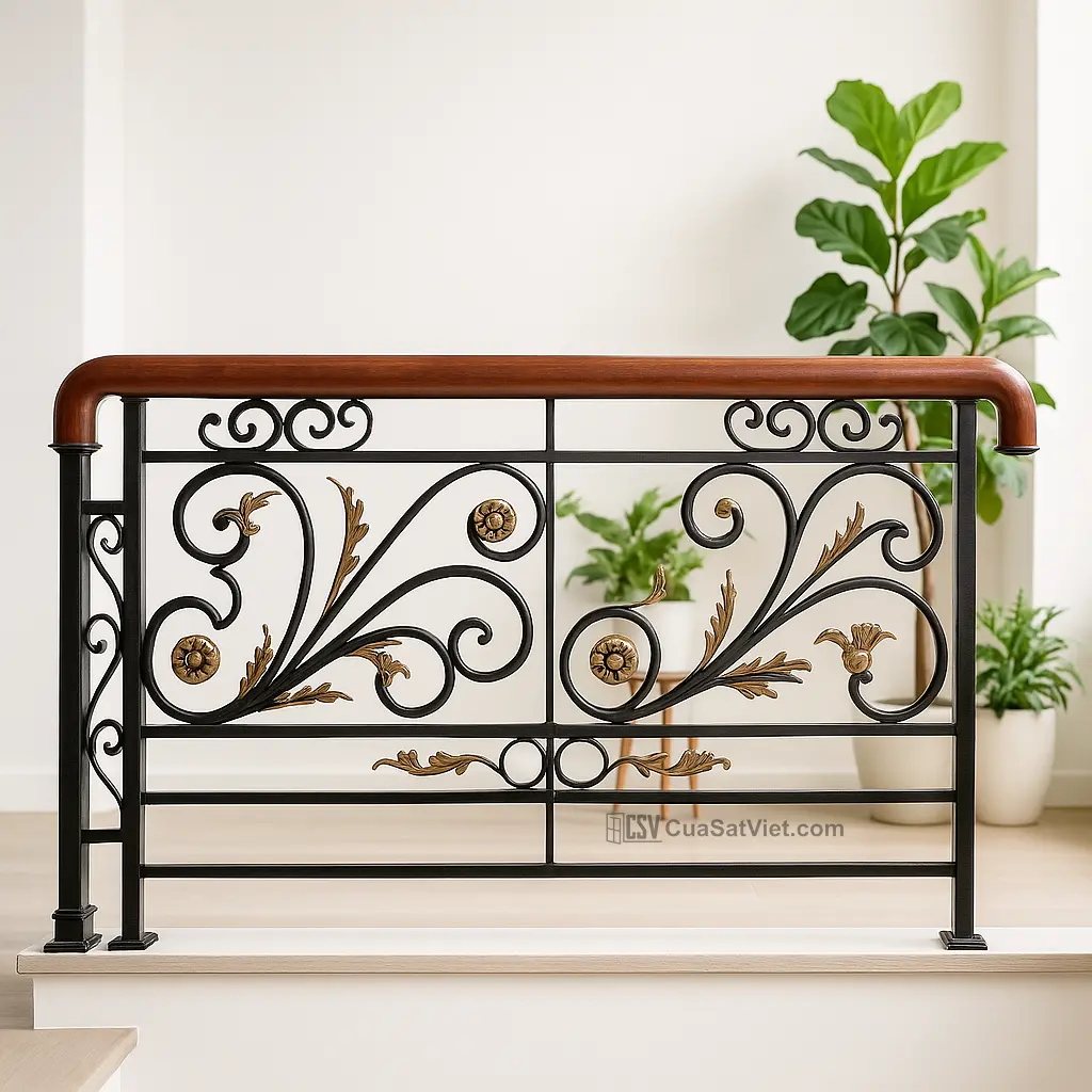 Tay vịn cầu thang sắt màu cam đất tạo điểm nhấn trẻ trung, phù hợp nhà hiện đại