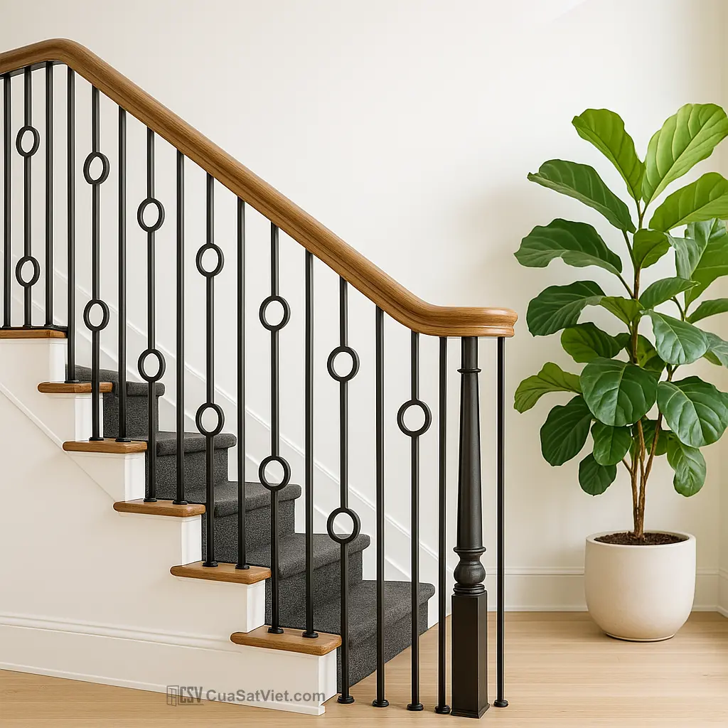 Tay vịn cầu thang sắt phối kính hoa văn nghệ thuật mang lại nét đẹp riêng