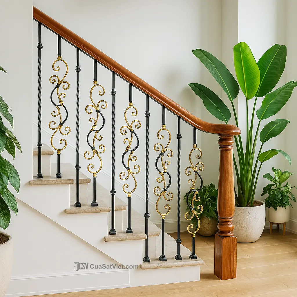 Tay vịn cầu thang sắt phối vật liệu xi măng ngoài trời tăng độ ổn định