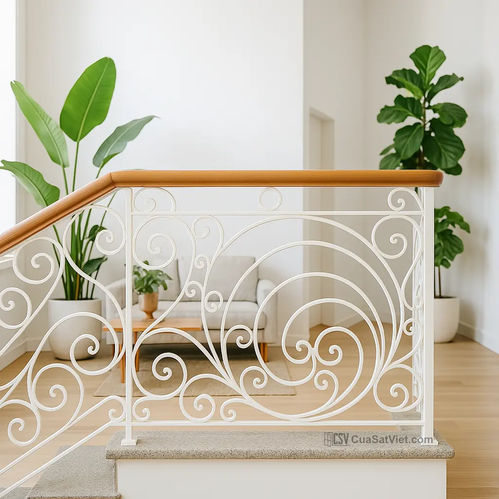 Tay vịn cầu thang sắt phối kính màu cam tạo cảm giác ấm áp, nổi bật
