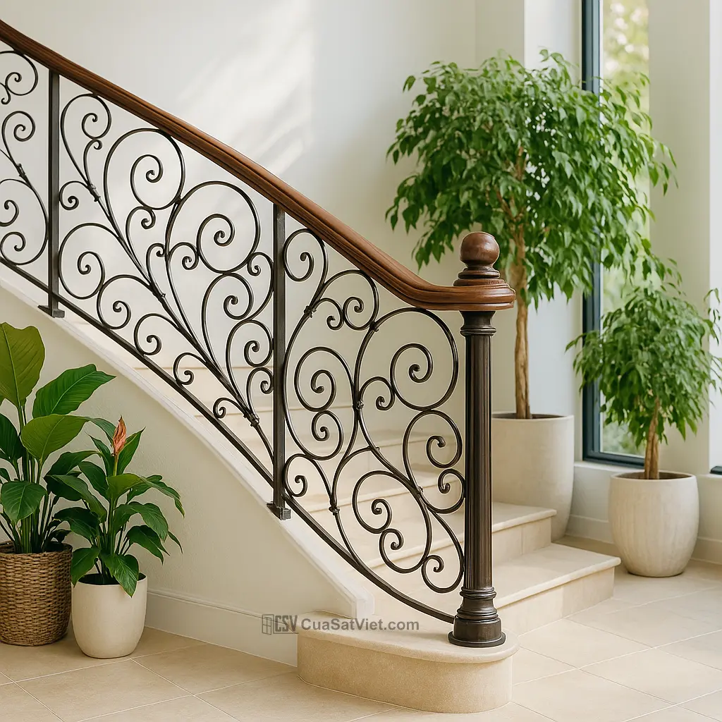 Tay vịn cầu thang sắt ngoài trời màu be nhẹ nhàng, tăng sự sang trọng
