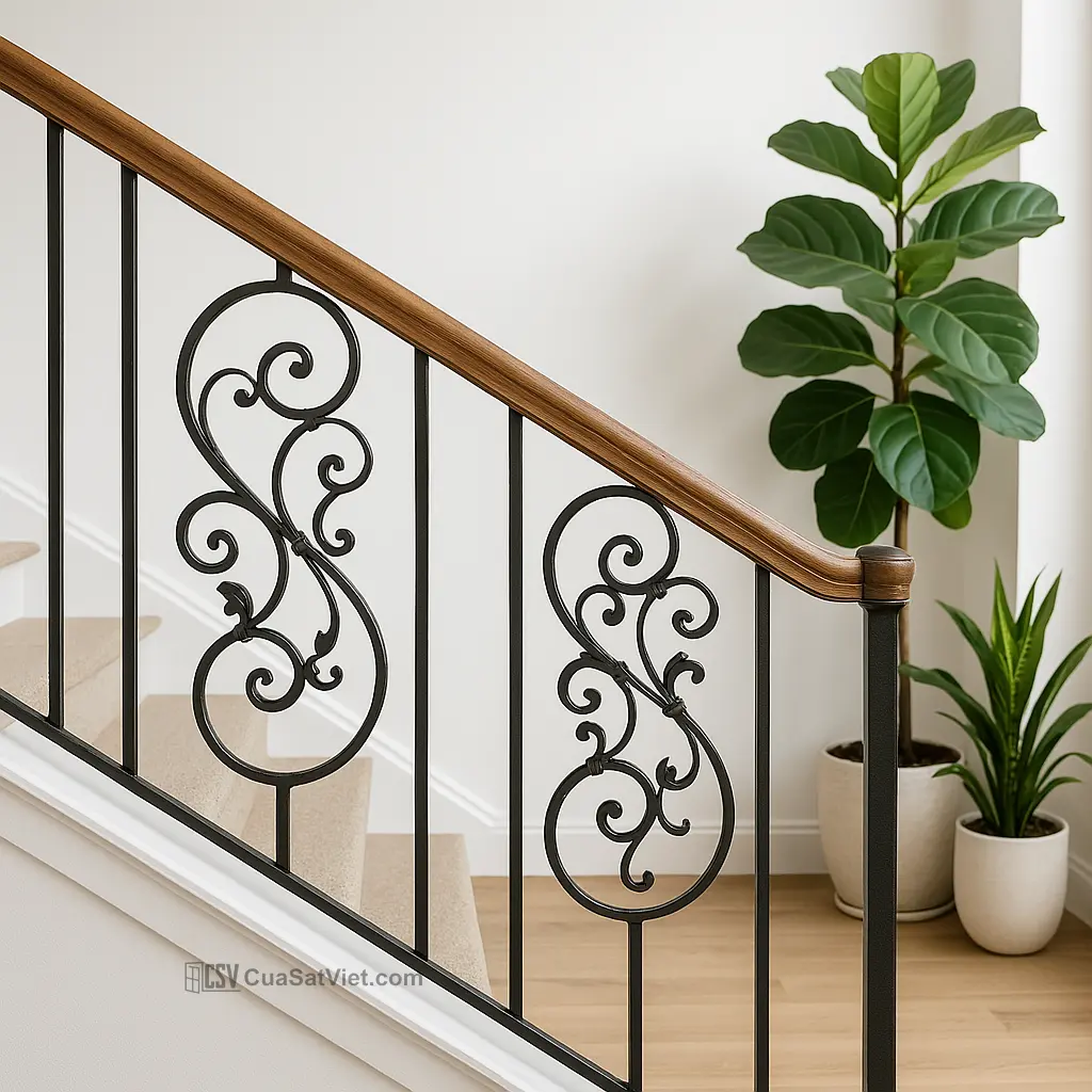 Tay vịn cầu thang sắt kiểu thanh mảnh tạo cảm giác nhẹ nhàng, rộng thoáng