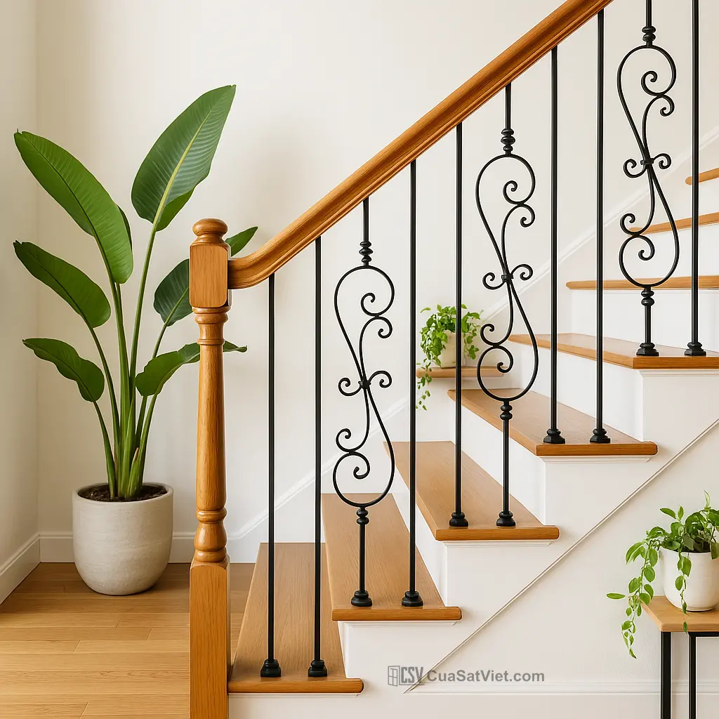 Tay vịn cầu thang sắt ngoài trời phối kính màu tạo hiệu ứng ánh sáng độc đáo