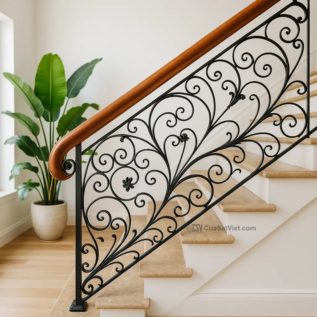 Tay vịn cầu thang sắt ngoài trời màu xám thanh lịch, phù hợp biệt thự hiện đại