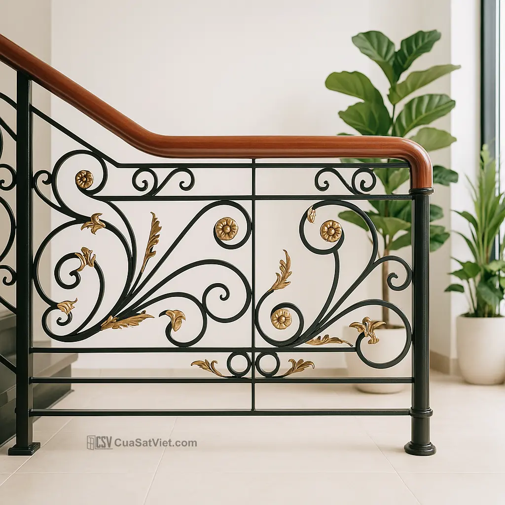 Tay vịn cầu thang sắt phối kính hoa văn nghệ thuật, tăng vẻ đẹp phòng khách