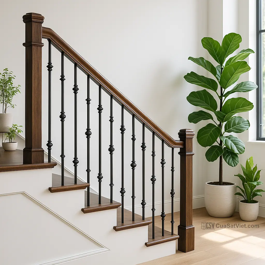 Tay vịn cầu thang sắt cửa hông chắc chắn, giúp ra vào nhà phụ an toàn