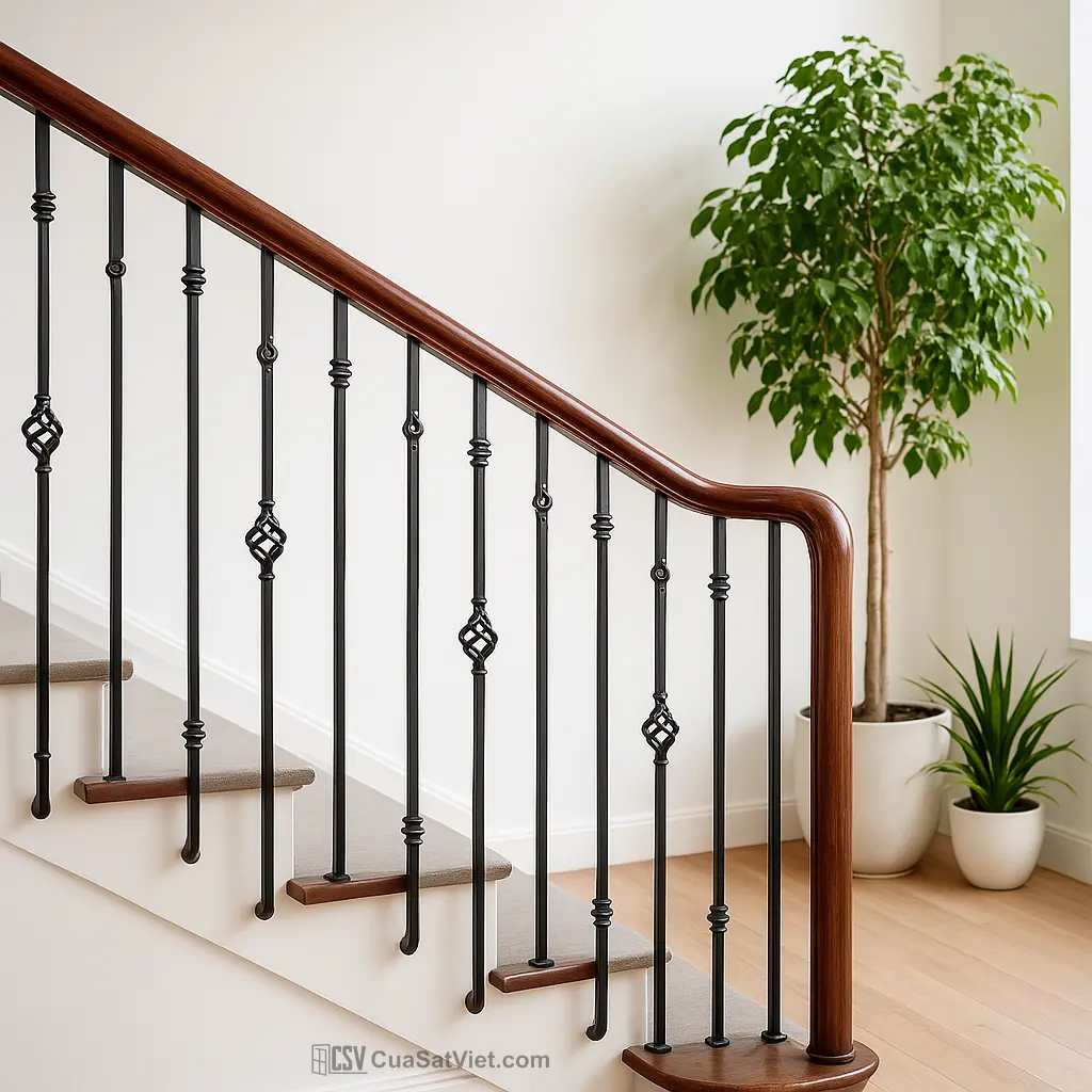 Tay vịn cầu thang sắt phối nhựa composite nhẹ, chống thấm nước, ít bám bụi