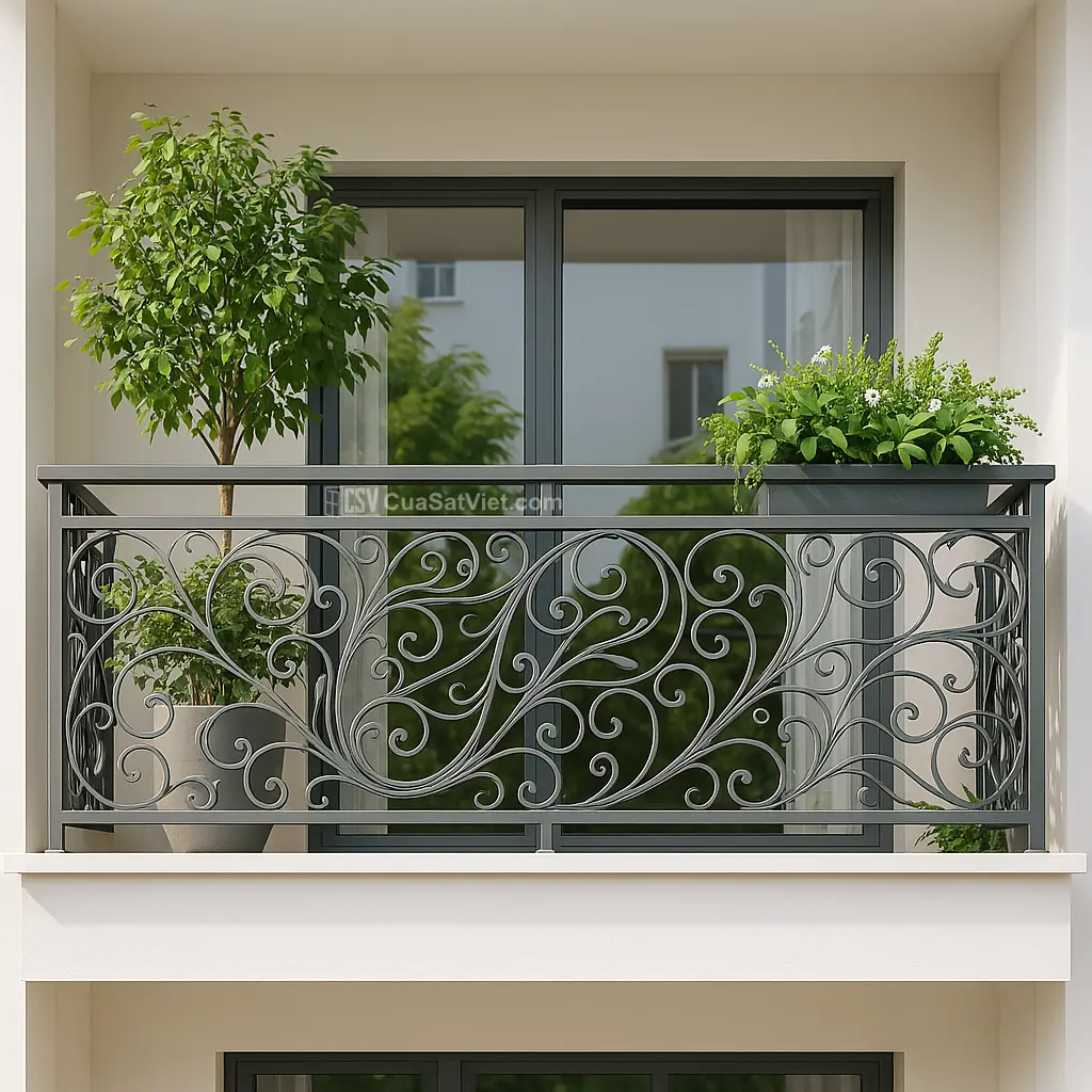 Hoa văn uốn lượn của lan can sắt mỹ thuật tăng thêm sự thu hút cho mặt tiền