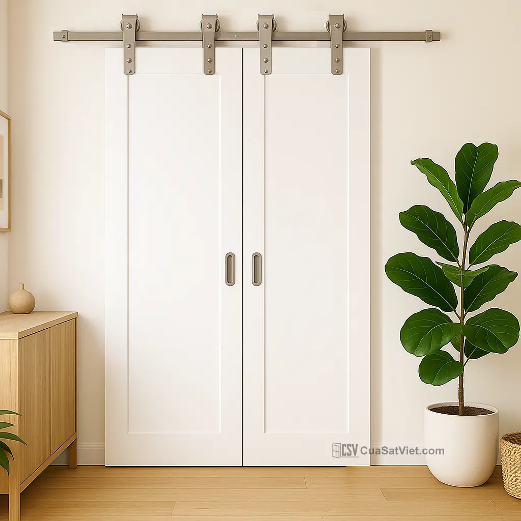 Mẫu cửa sắt 2 cánh lùa thiết kế tối giản thiết kế hiện đại, giúp tối ưu hóa diện tích sử dụng.